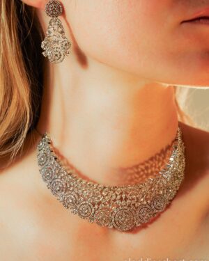 Intricate silver necklace and earrings on model