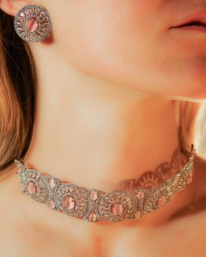 Elegant pink gemstone necklace and earrings