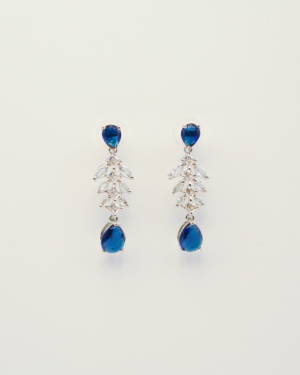 Blue gemstone dangling earrings with silver accents