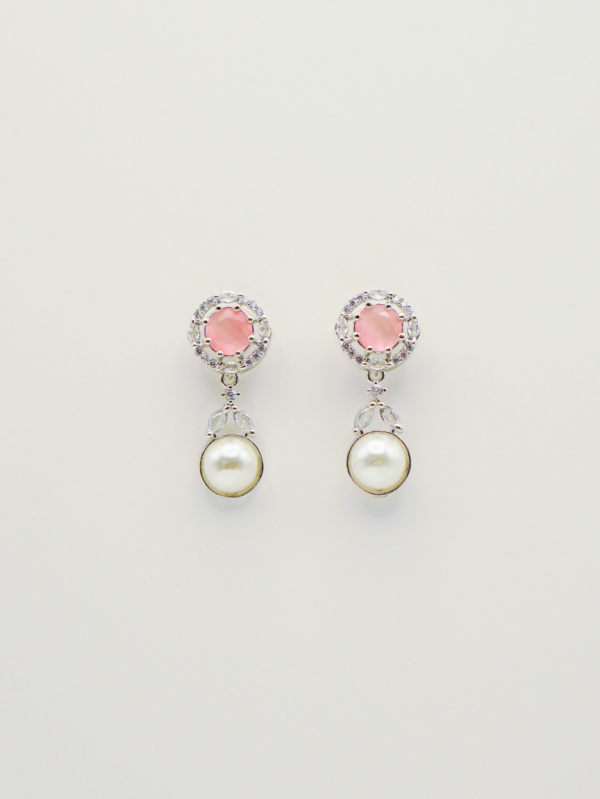 Elegant silver earrings with pink stones and pearls.