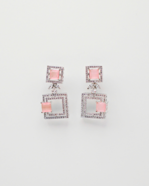 Square pink gemstone earrings with silver details