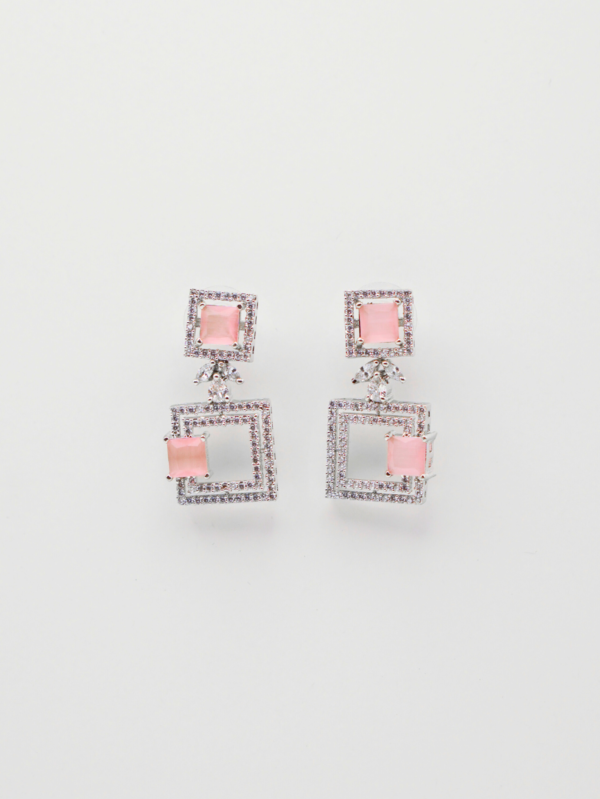 Square pink gemstone earrings with silver details