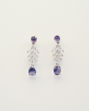 Elegant purple gemstone dangle earrings with silver design.