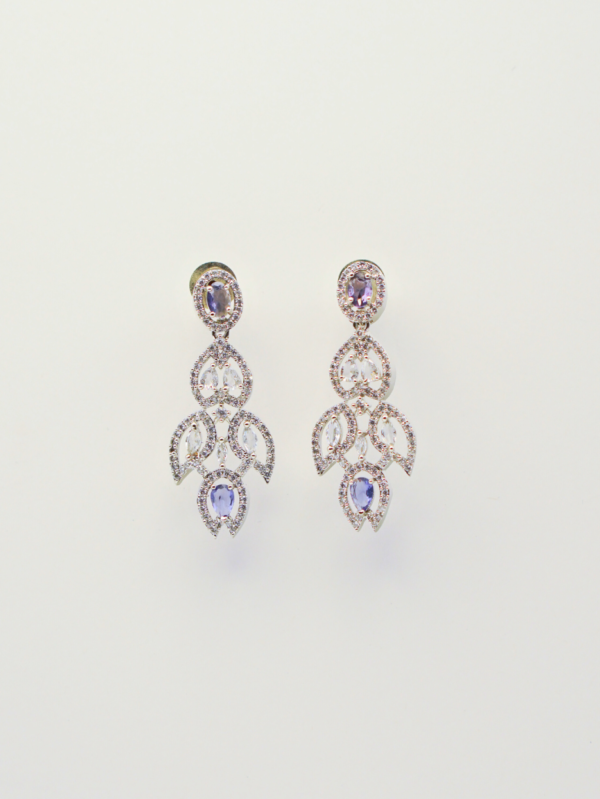Elegant gemstone drop earrings on white background