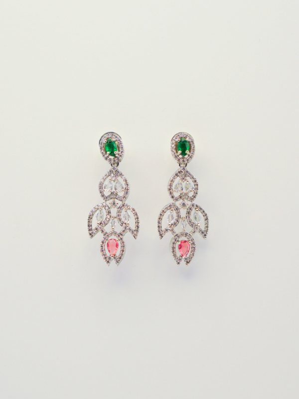 Elegant gemstone drop earrings with green and pink stones.